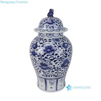 Pot en porcelaine à couvercle motif poisson fleur bleu et blanc RZKR69-F-G avec urne de pot de fleur en céramique fleuron Foo Dog