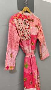 Robe kimono rose patchwork pour femme, manches trois quarts, longueur intégrale, matelassée, décontractée, vêtement de nuit, tissée, pour le printemps - Product Image 3