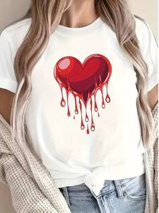 T-shirt da donna con stampa Cuore che si scioglie, a maniche corte, girocollo, vestibilità regolare, casual, primavera estate, 100% cotone jersey - Product Image 3