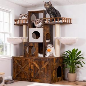 Modern Wooden Condo Storage Furniture 64" Tall Hidden <b>Litter</b> Cabinet Multi-Tier Play Platform Waterproof Indoor Sundry - Product Image 1