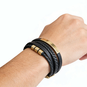 Men's Multi Layer <b>Leather</b> <b>Bracelet</b> With Gold Feather Charm Magnetic Clasp Retro Style Jewelry For Casual Wear - Product Image 2