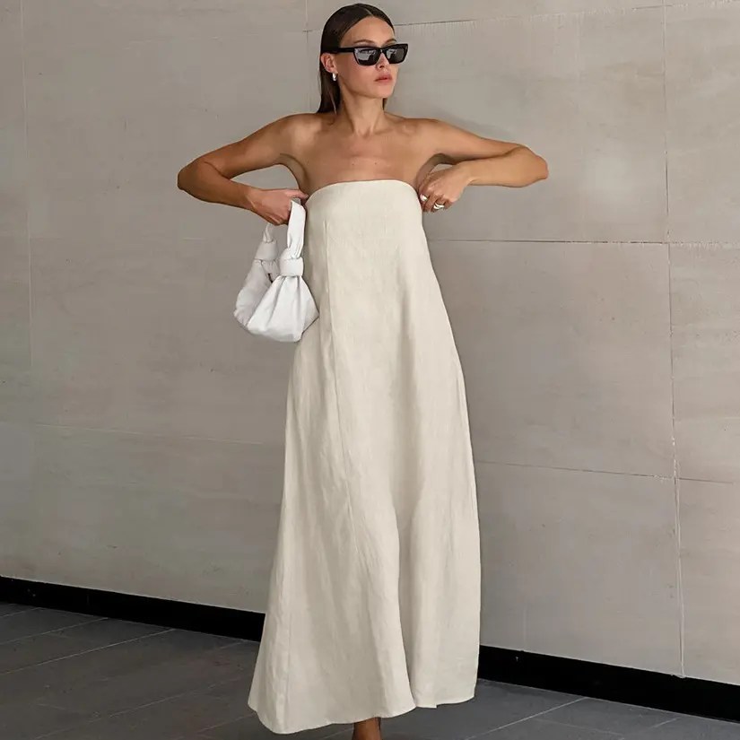 Summer simple elegant ladies spaghetti strap sleeveless side pocket plus size backless linen cotton maxi casual dresses