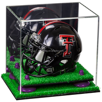 Casque de football mini-miniature en acrylique (pas pleine grandeur) vitrine avec miroir, contremarches et base de gazon
