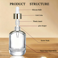 Vente en gros, flacon compte-gouttes cosmétique vide en verre transparent de 30ml, flacon de sérum d'huile essentielle avec compte-gouttes