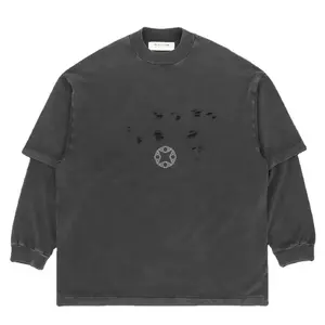 custom washed black double sleeved 100% cotton laser cut logo long sleeved t-shirt for man