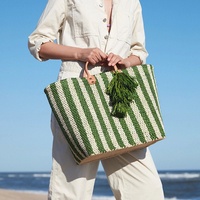 Sac fourre-tout de luxe fait main pour femme, en crochet, en paille tressée, sac de plage rayé avec pompons, vente en gros