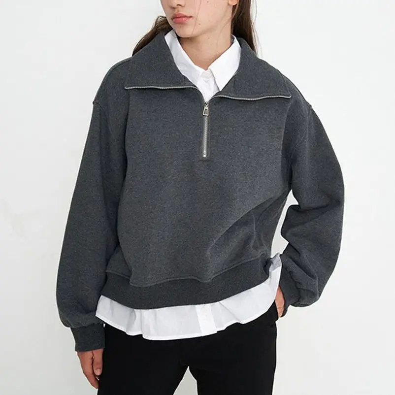 OEM Custom Graphic Printing Pullover French Terry Cotton Half Zip Sweatshirt For Women