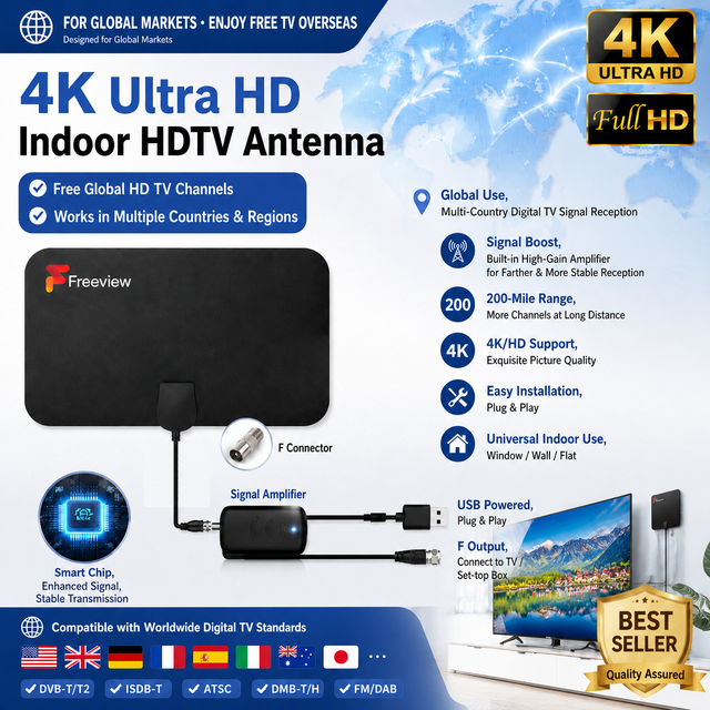 4K 1080P Amplified Indoor HDTV Antenna USB Powered 35dBi 3.5M Cable Free Channels No Monthly Fees Plug and Play 200 Miles Range