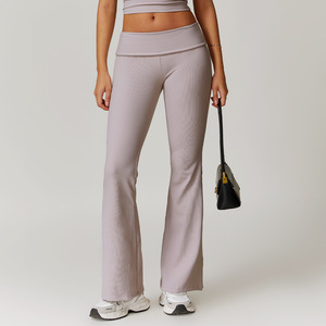 Autumn Women's Solid Pattern Yoga <strong>Leggings</strong> Low-Rise Flared Fitness Pants <strong>with</strong> <strong>Lace</strong> <strong>Trim</strong> for Outdoor or Daily Sports Wear - Product Image 6