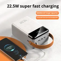 Batterie externe en plastique 22,5 W 80000 mAh au lithium polymère, charge ultra-rapide, affichage LED, câble Micro USB intégré, lampe torche