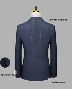 Personalizado de los hombres de color <span class=keywords><strong>azul</strong></span> <span class=keywords><strong>marino</strong></span> a rayas 3 piezas Delgado de negocios de un botón solapa con visera de doble ventilación de alta calidad conjunto de trajes de los hombres - Product Image 6