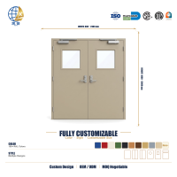 Porte de bureau coupe-feu en acier beige pour salle de réunion, avec ferme-porte dissimulé, robuste et finition contemporaine