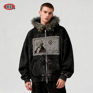 OEM ベストセラー ブラックファーフーディー 高品質 ヘビーウェイト 400G 酸洗い ヴィンテージフーディー デザイナーカスタム DTG ジップアップ ボクシーフーディー - Product Image 1