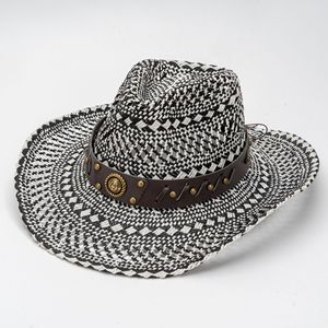 Sombrero de Jazz Retro de Estilo Étnico Más Vendido, Tejido de Paja Hueca con Borde Enrollado, con Papel Blanco y Negro de Alta Gama, Sombrero para Fiestas al Aire Libre - Product Image 1