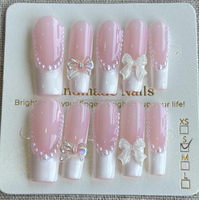 Ongles press-on longs carrés style français, couvrance totale, rose et blanc, motifs 3D en acrylique, doux, réutilisables, avec colle, faux ongles artificiels