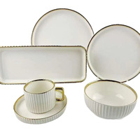 32 Piece Porcelain Dinnerware Set with Gold Rim Embossed Striped Design Plates Bowl Cups&Saucers Luxury Restaurant Tableware Set