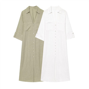 Vestido de Manga Larga con Cuello en V y Abertura Lateral Estilo Camisa, Nueva Moda para Mujer, KAR & OT ZA 8372070 - Product Image 1