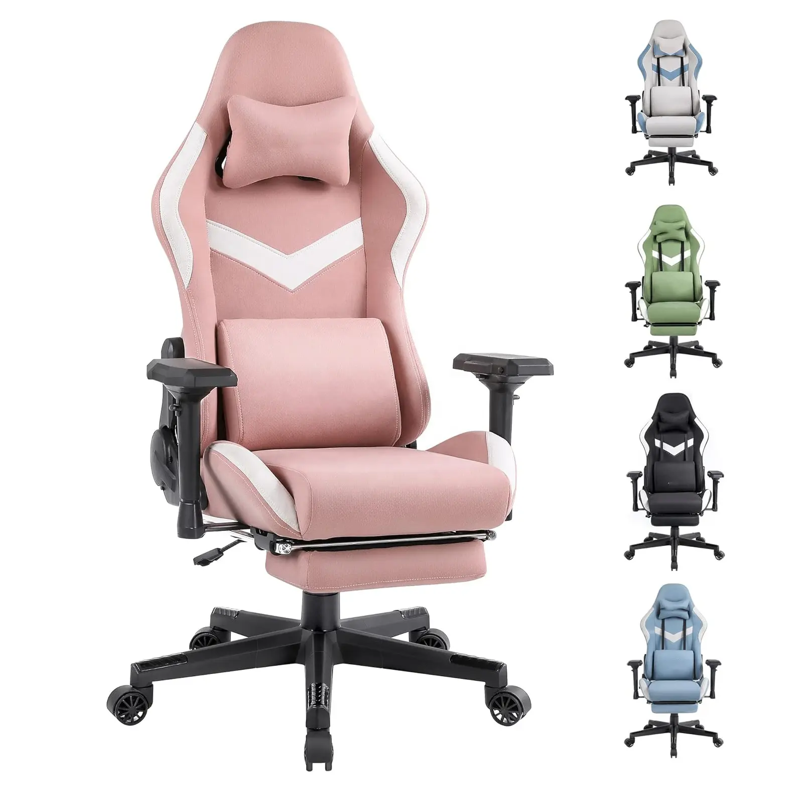 Cadeira de jogos em tecido respirável 4D apoio de braços cadeira de escritório com encosto alto cadeira ergonômica para computador com massagem e apoio para os pés rosa