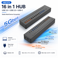 16 in 1 USB Hub 3.0, Data 5Gbps, Pengisian Daya Apple, 16 Sakelar Independen, ABS, GL3510+GL850S, HBC076