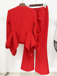 2025 Designer Inspired Solid Pattern Ensemble for Women Red Ruffled BlazerJacket <b>Set</b> with Flared Pants Office Lady Style - Product Image 4