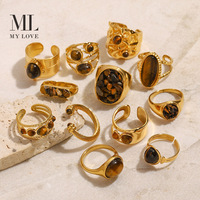 Bague Statement Mylove en Laiton Plaqué Or 18K avec Pierre Naturelle Œil de Tigre, Collection Chic pour Femme