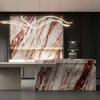 Îlots de cuisine en pierre au design moderne, luxe italien, dessus en marbre Orobico Rosso rouge, plan de travail de cuisine en marbre