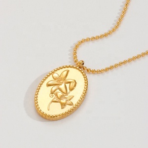 MICCI Wholesale Long Beads Chain <strong>Necklace</strong> Design Stainless Steel PVD Plated 18K Gold Oval <strong>Lily</strong> Flower Pendant <strong>Necklace</strong> for Women - Product Image 3
