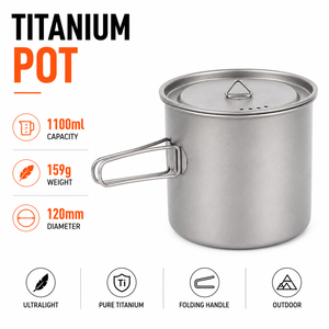 Pot en titane pur léger personnalisé de 1100 ml avec kit d'ustensiles à poignée pliable, équipement de randonnée et de camping en plein air pour 1 à 2 personnes - Product Image 1