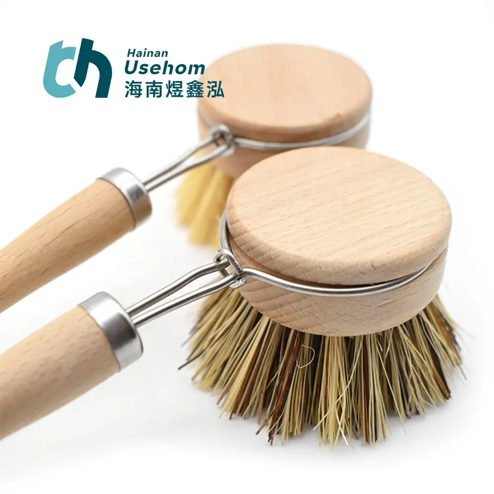 Pentola per la pulizia in Sisal naturale spazzola spazzola per spazzole da cucina e piatti puliti con manico in legno