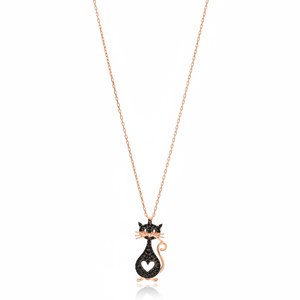 Ciondolo con Design a forma di <span class=keywords><strong>gatto</strong></span> e cuore in pietra di zircone nero gioielli in argento Sterling 925 fatti a mano all'ingrosso turchi - Product Image 2