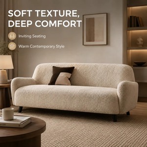 Modern <strong>Cream</strong> Sherpa Sofa Rounded Armrests High Density Foam Pine Frame Serpentine Springs <strong>Oak</strong> Legs Living Room <strong>Furniture</strong> - Product Image 2