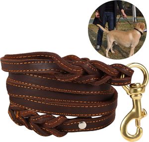 <span class=keywords><strong>Collar</strong></span> de perro de cuero trenzado de piel de vaca auténtica de 6 pies de alta resistencia con doble asa para perros grandes, medianos y grandes - Product Image 1