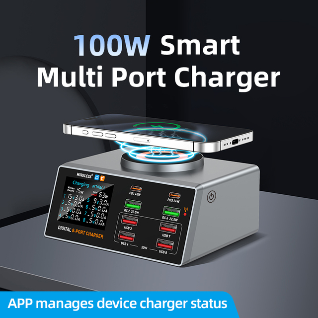 New Mobile Laptop USB Charger 100W Desktop Charging Station Magnetic Wireless Charging Digital Display Intelligent APP Multi