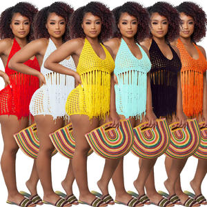 Costume da bagno da donna caldo 2 pezzi fasciatura uncinetto nappa costume da bagno giallo costume da bagno costume da bagno abbigliamento da spiaggia - Product Image 1