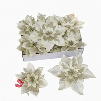 Fleurs de Noël artificielles en poinsettia or champagne en gros, ornements floraux en plastique scintillant pour arbre, couronne et cheminée