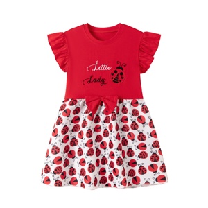 <span class=keywords><strong>Vestito</strong></span> da Bambina con Motivo <span class=keywords><strong>Coccinella</strong></span> Rossa, 100% Cotone, Maniche a Volant, Fiocco e Ricamo Applicato - Product Image 2