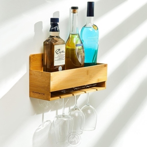 Moderno Botellero Flotante de Bambú para Pared con Soporte para Copas y Colgador para Cocina, Comedor y Bar para Botellas de Vino y Bebidas - Product Image 2