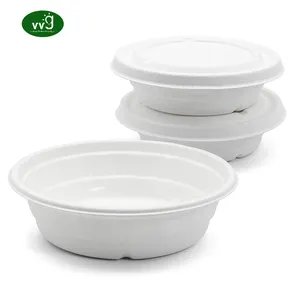 VVG Pfas Free 16oz White Biodegradable Pulp Disposable Take Away Takeaway Bagasse Salad Soup Bowls With Lid