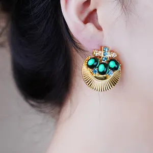 Wholesale Clip On Earrings Women Green Gem Crystal Fan Luxury Jewelry Elegant Gold Plated Casual Party 2024 New Korean Style Y