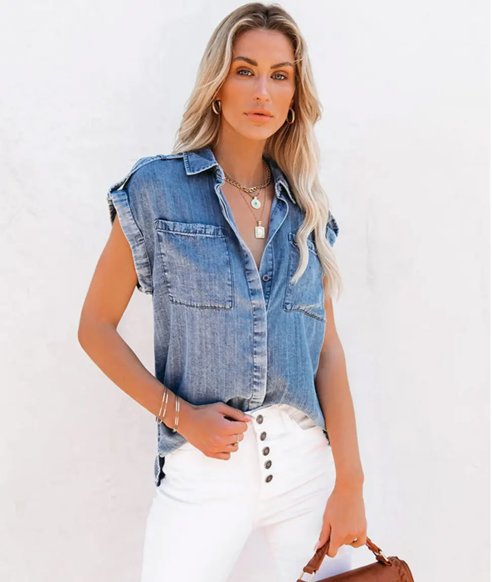 2021 summer vintage clothing jean sleeveless casual denim shirts for woman