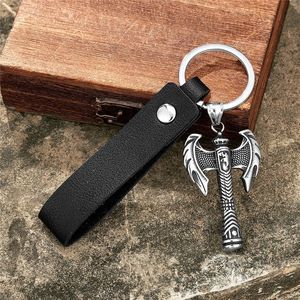Porte-clés en métal double hache, style viking nordique, pendentif en alliage de zinc avec sangle en cuir ou mousqueton, cadeau unisexe, breloque - Product Image 4