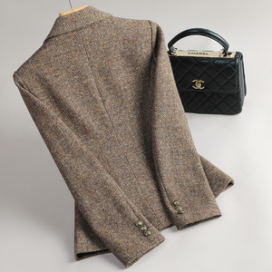 Wool Blazer For Women Coffee Color Herringbone Pattern Single Button Autumn Winter Casual Elegant Fit - Product Image 4
