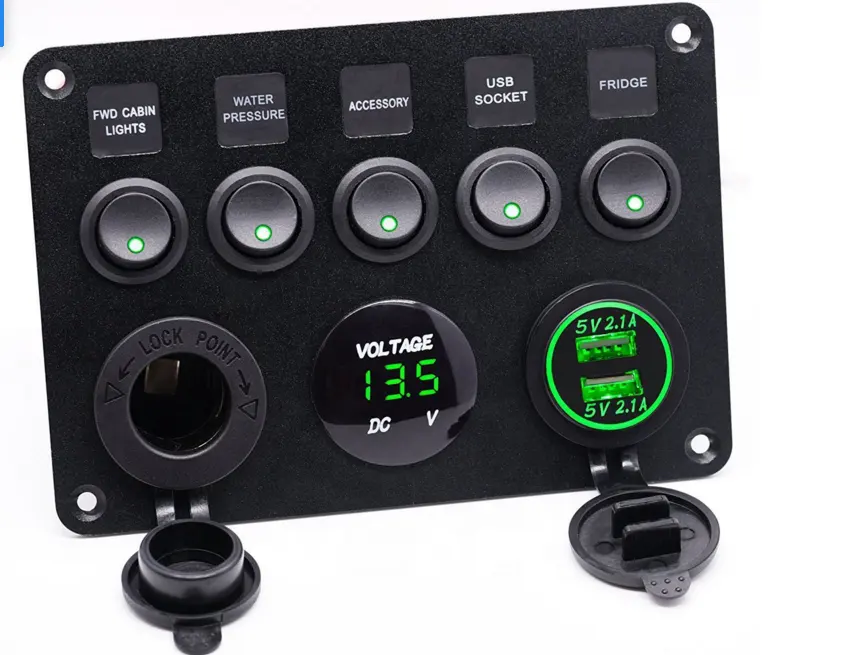 5 Gang Car Marine Boat LED Rocker Switch Waterproof Circuit Digital Voltmeter Dual USB Port 12V Switch panel