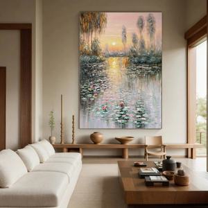 Pintura Moderna al Óleo sobre Lienzo Hecha a Mano, Arte Impresionista con Motivo de Atardecer y Flores, para Hogar y Galería - Product Image 5