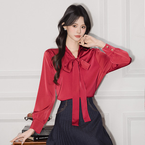 Red V-Neck Long Sleeve Tie Front Shirt For Office Women Solid Color Polyester Blouse Q6266 - Product Image 1