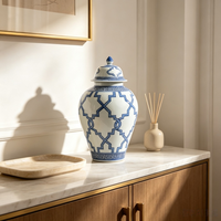 Pot à gingembre en porcelaine à motif géométrique bleu et blanc avec couvercle, vase décoratif en céramique pour la décoration intérieure occidentale