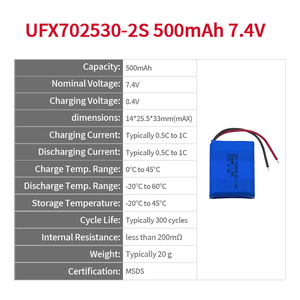 Batterie <span class=keywords><strong>Li-ion</strong></span> rechargeable en gros, cellule polymère au lithium UFX 702530-2S 7.4v 500mAh 2s1p, pack de batteries Lipo pour mini imprimante - Product Image 2