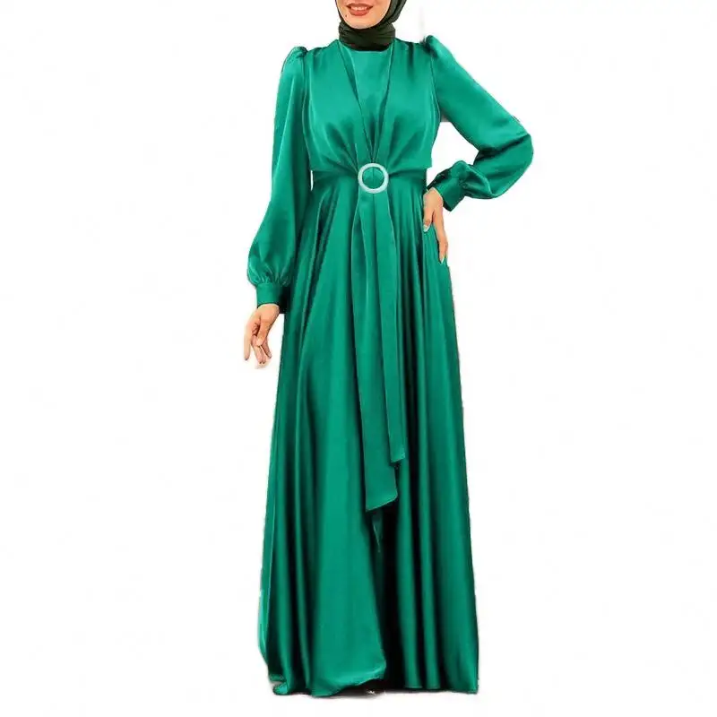 Moda kadin müslüman parti çapraz kayış tasarım düğmesi kabarcık kol uzun elbise müslüman elbise