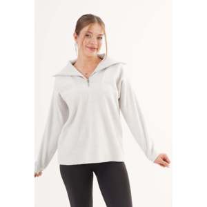 Suéter gris de punto para mujer al por mayor, con media cremallera, manga larga, informal y antipilling - Product Image 6