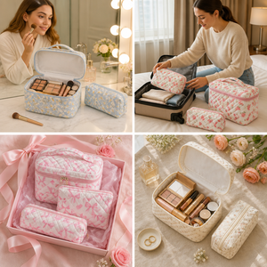 3 Piece Quilted Makeup Bag Set 10.6 Inch Floral Print Cosmetic Double Zipper Top Handle Travel Toiletry Women Gift <b>Suitcase</b> Pack - Product Image 3